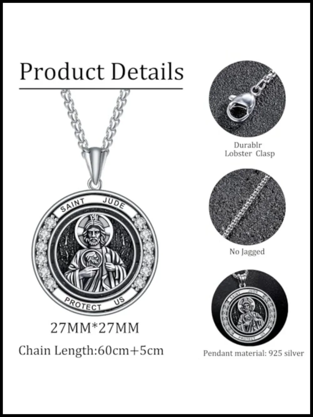 925 Sterling Silver Saint Jude Medal Necklace for Men Women